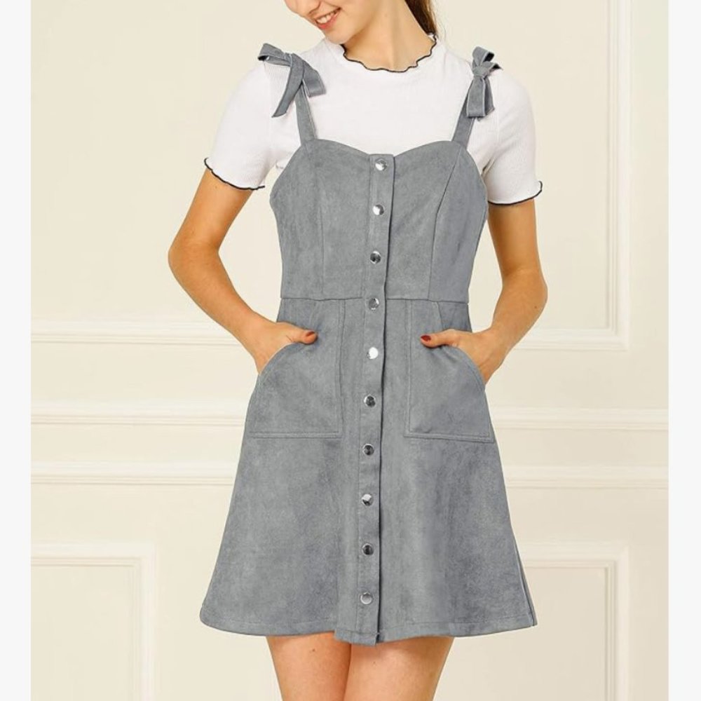 💖HP💖 Allegra K Women's Casual Overall Dress Button Down Faux Suede - Picture 3 of 10